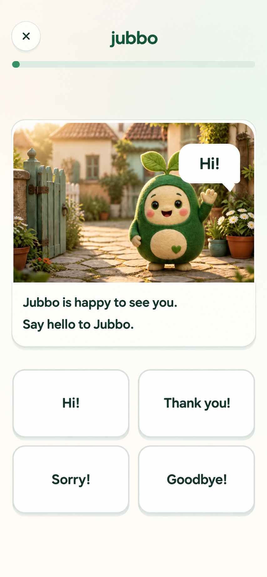 Jubbo greeting lesson concept matching the app’s green character and cream interface.
